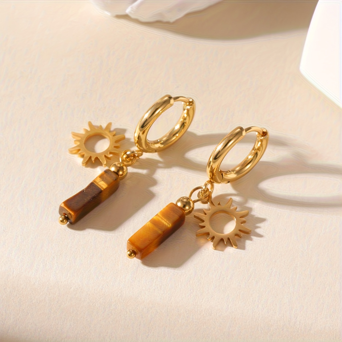 Women's 18K Gold Plated Tiger's Eye Stone Leaf Starburst Drop Hoop Earrings